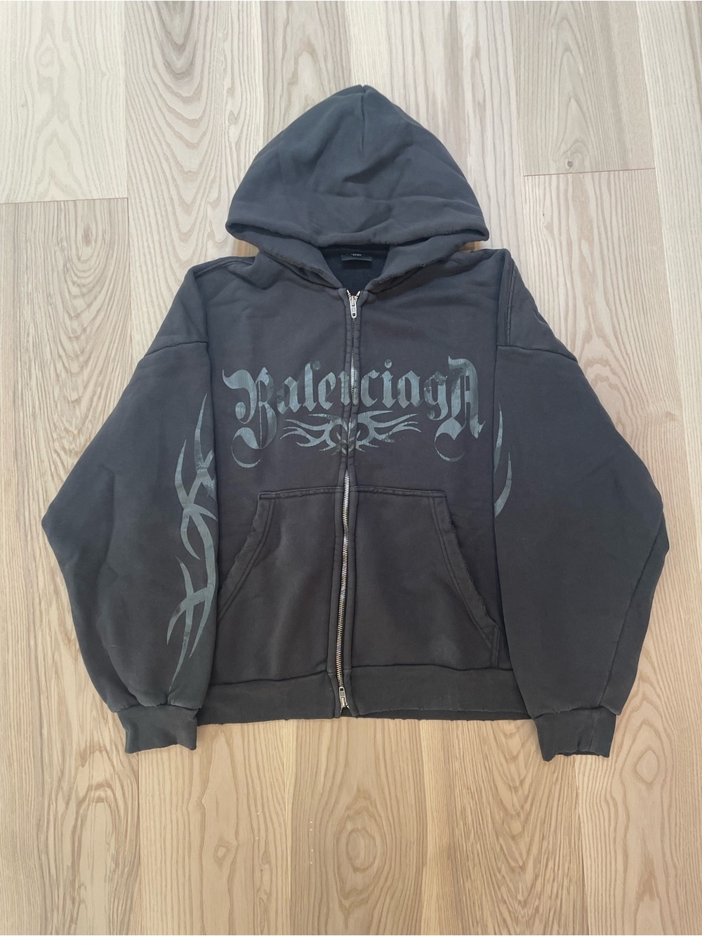 Balenciaga Tricky Black Hooded Zip Sweatshirt with Tribal Logos
